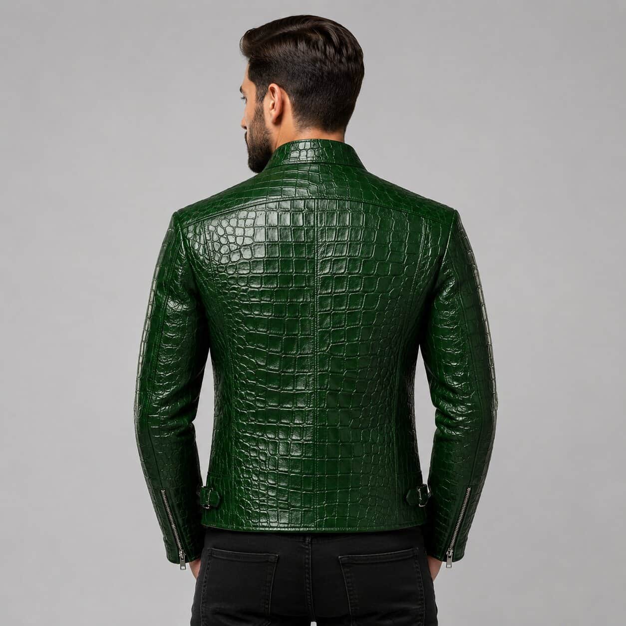 Back view luxury green alligator print leather jacket men by avanzar leather