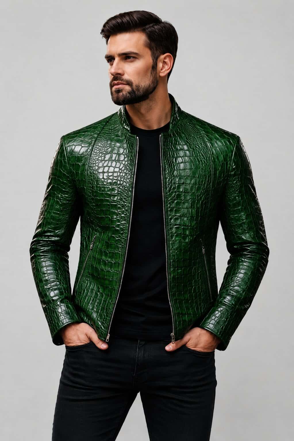 Front view men’s green crocodile embossed leather biker jacket by avanzar leather