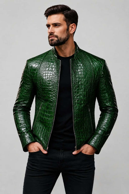 Front view men’s green crocodile embossed leather biker jacket by avanzar leather