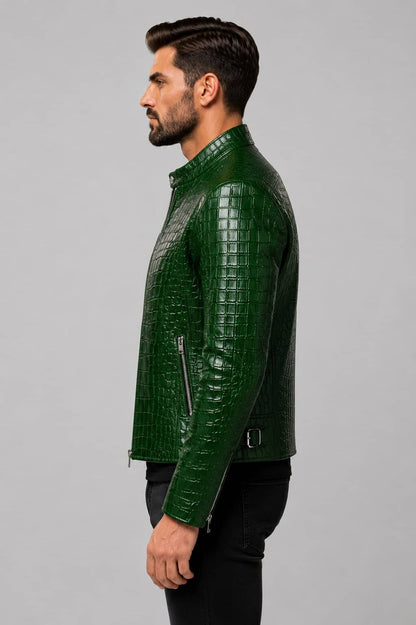 Side profile luxury green crocodile embossed leather jacket by avanzar leather