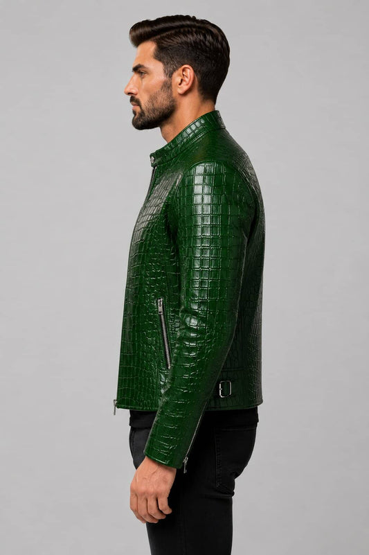 Side profile luxury green crocodile embossed leather jacket by avanzar leather
