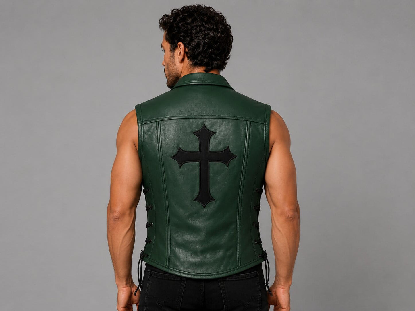 Men’s Green Leather Biker Vest with Cross Patch & Lacing by avanzar leather