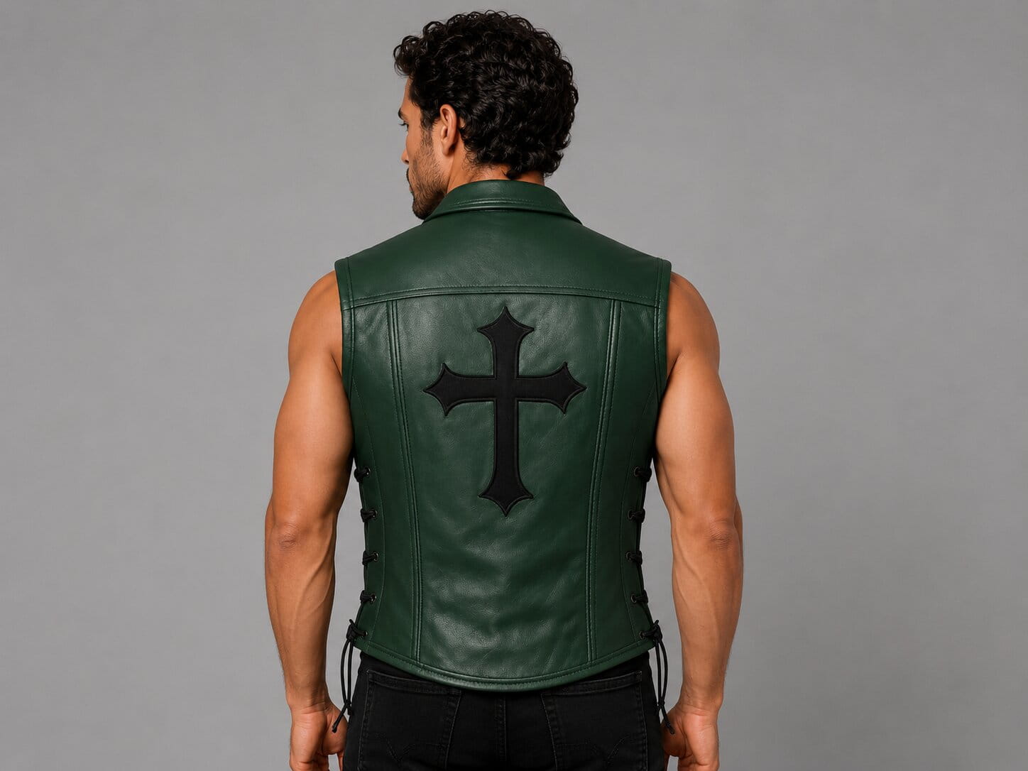 Men’s Green Leather Biker Vest with Cross Patch & Lacing by avanzar leather