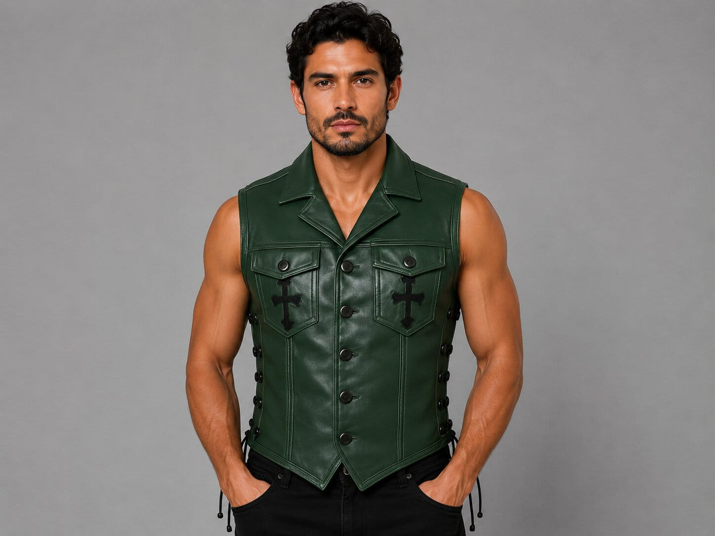 Men’s Green Leather Biker Vest with Cross Patch & Lacing by avanzar leather