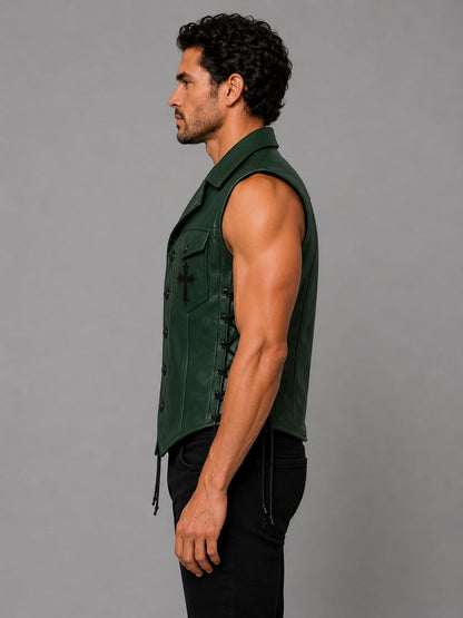 Men’s Green Leather Biker Vest with Cross Patch & Lacing by avanzar leather