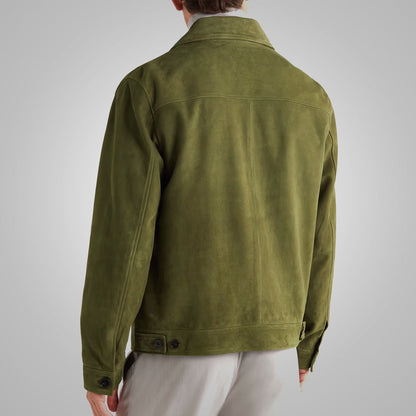 Men's Green Suede Leather Trucker Jacket