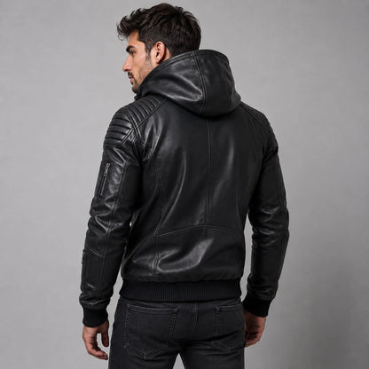 Men's Handmade Black Leather Biker Hoodie - Genuine Leather Style back view  by avanzar leather