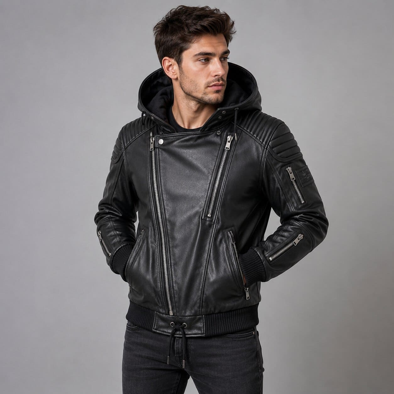 Men's Handmade Black Leather Biker Hoodie - Genuine Leather Style front view  by avanzar leather