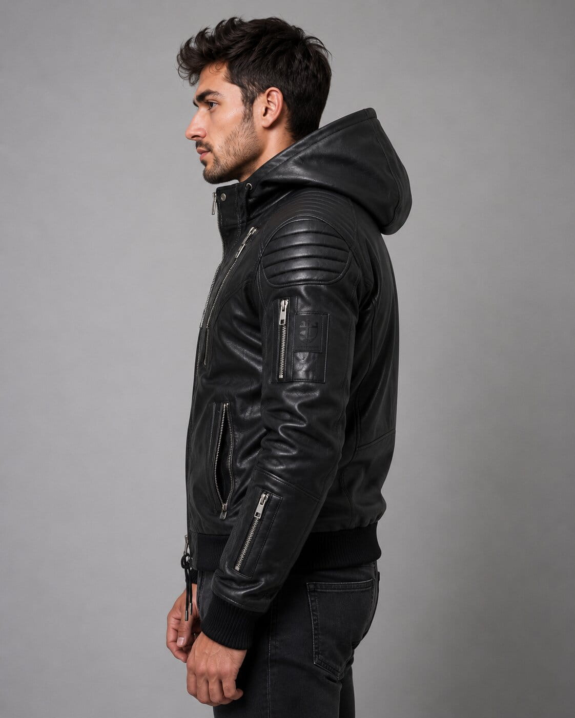 Men's Handmade Black Leather Biker Hoodie - Genuine Leather Style sid view  by avanzar leather