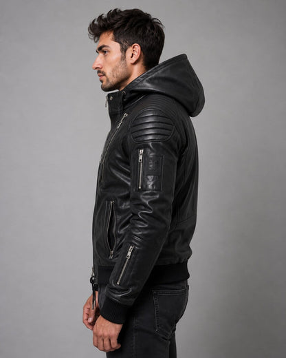 Men's Handmade Black Leather Biker Hoodie - Genuine Leather Style sid view  by avanzar leather