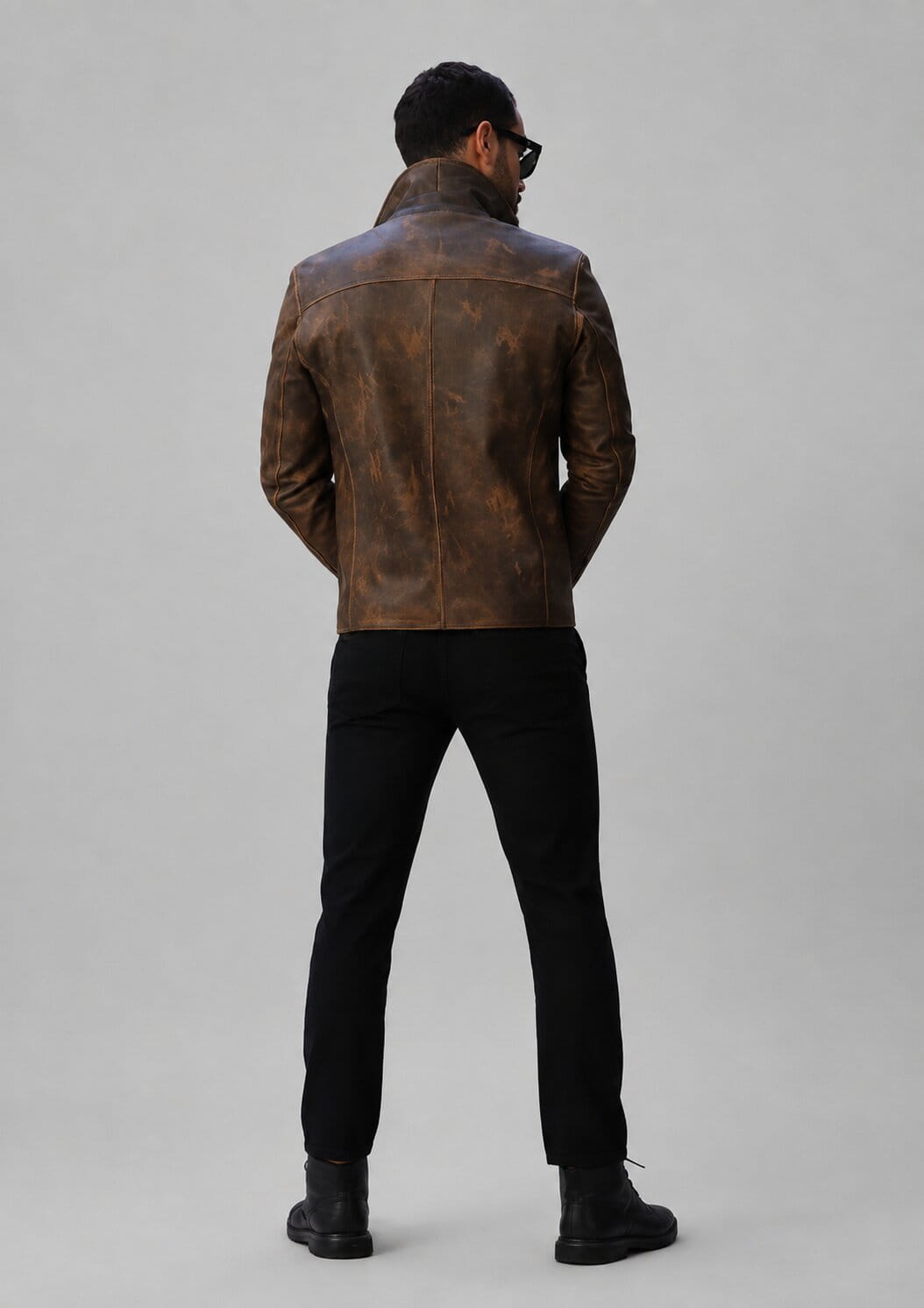 Handmade Brown Sheepskin Leather Biker Jacket for Men back view by avanzar leather