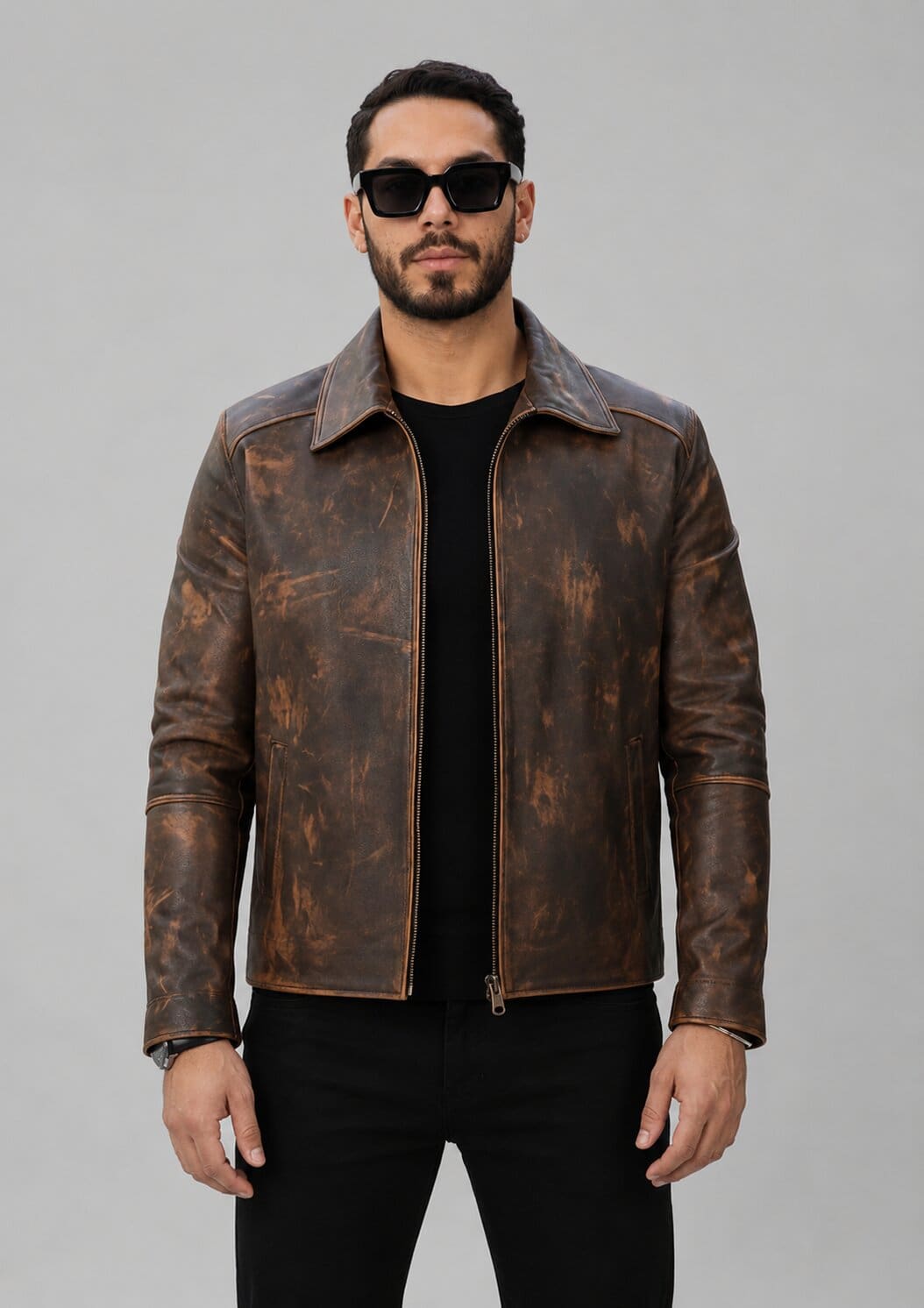 Handmade Brown Sheepskin Leather Biker Jacket for Men front view by avanzar leather