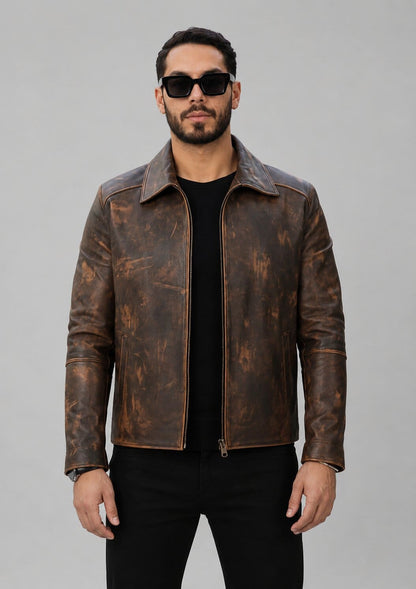 Handmade Brown Sheepskin Leather Biker Jacket for Men front view by avanzar leather