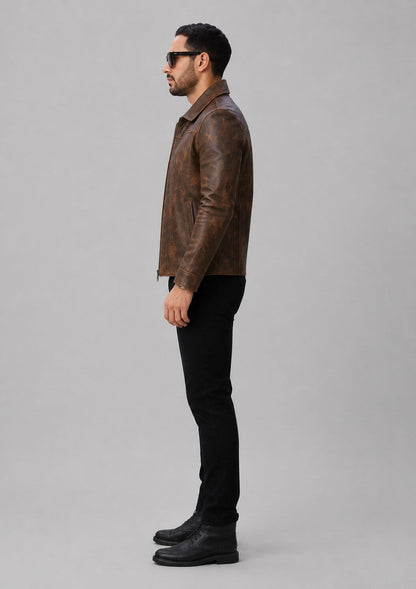 Handmade Brown Sheepskin Leather Biker Jacket for Men sid view by avanzar leather