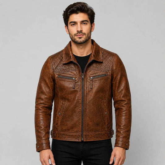 Men's Honey Brown Distressed Leather Racer Jacket with Quilted Shoulder Biker Style by avanzae leaher