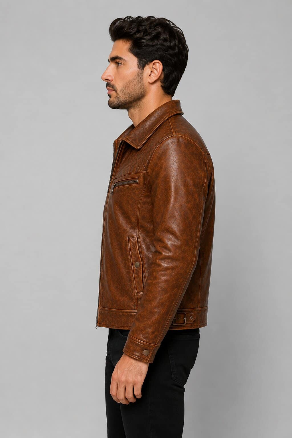 Men's Honey Brown Distressed Leather Racer Jacket with Quilted Shoulder Biker Style by avanzae leaher