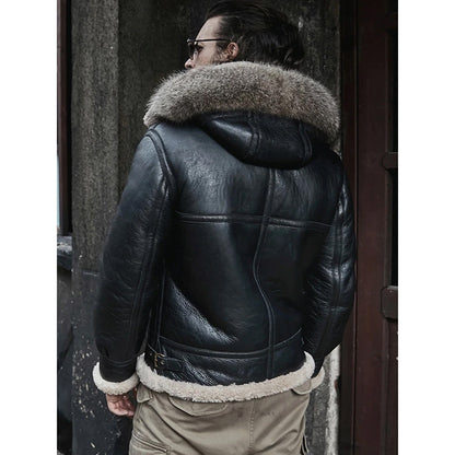 Men's Hooded RAF Aviator B3 Sheepskin Black Shearling Jacket