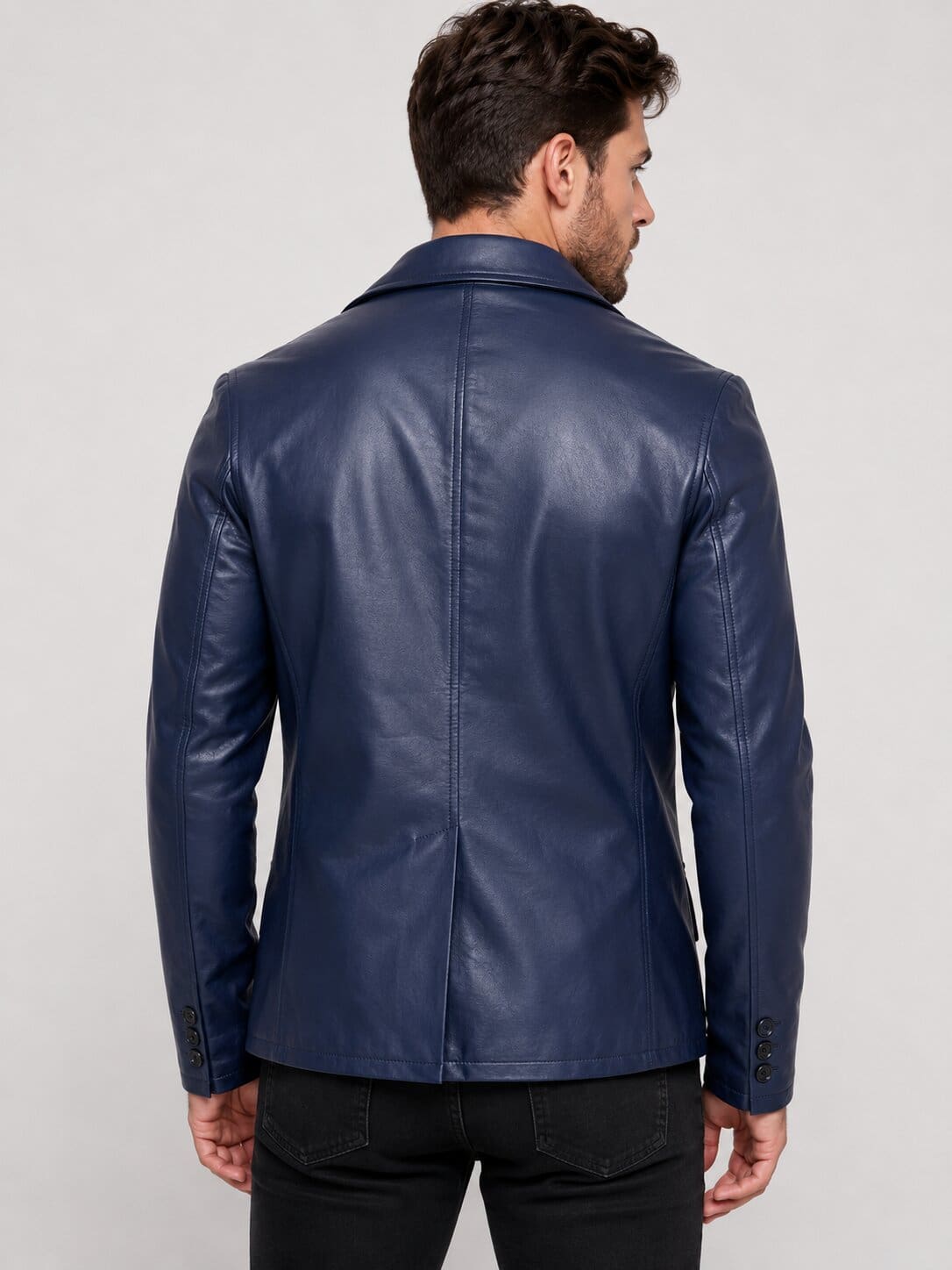Men's Navy Blue Leather Blazer - Stylish Dart Detailing back view  by avanzar leather
