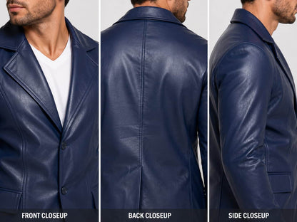 Men's Navy Blue Leather Blazer - Stylish Dart Detailing closeup view  by avanzar leather