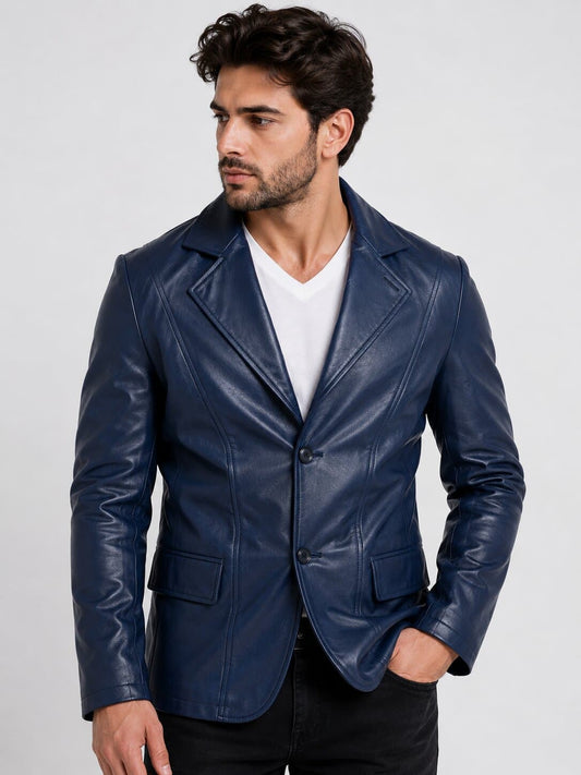 Men's Navy Blue Leather Blazer - Stylish Dart Detailing front view  by avanzar leather