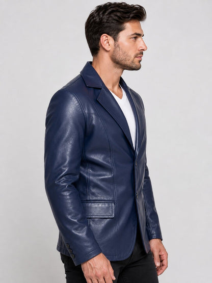 Men's Navy Blue Leather Blazer - Stylish Dart Detailing back view  by avanzar leather