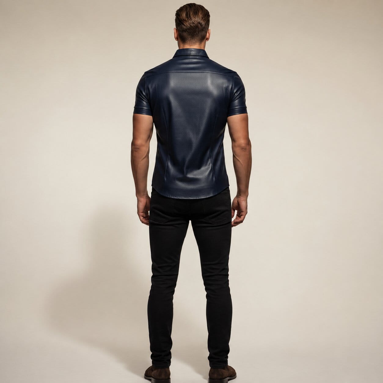 back view men’s navy blue perforated leather shirt by avanzar leather