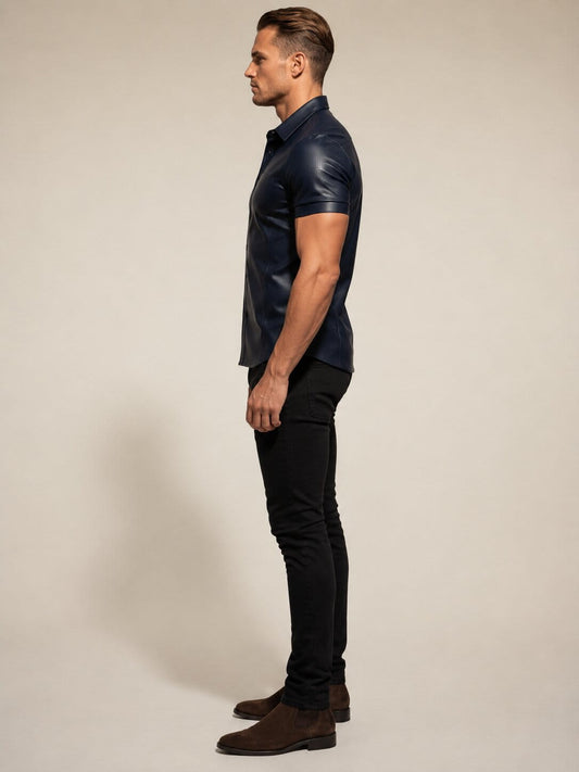 sid view men’s navy blue perforated leather shirt by avanzar leather