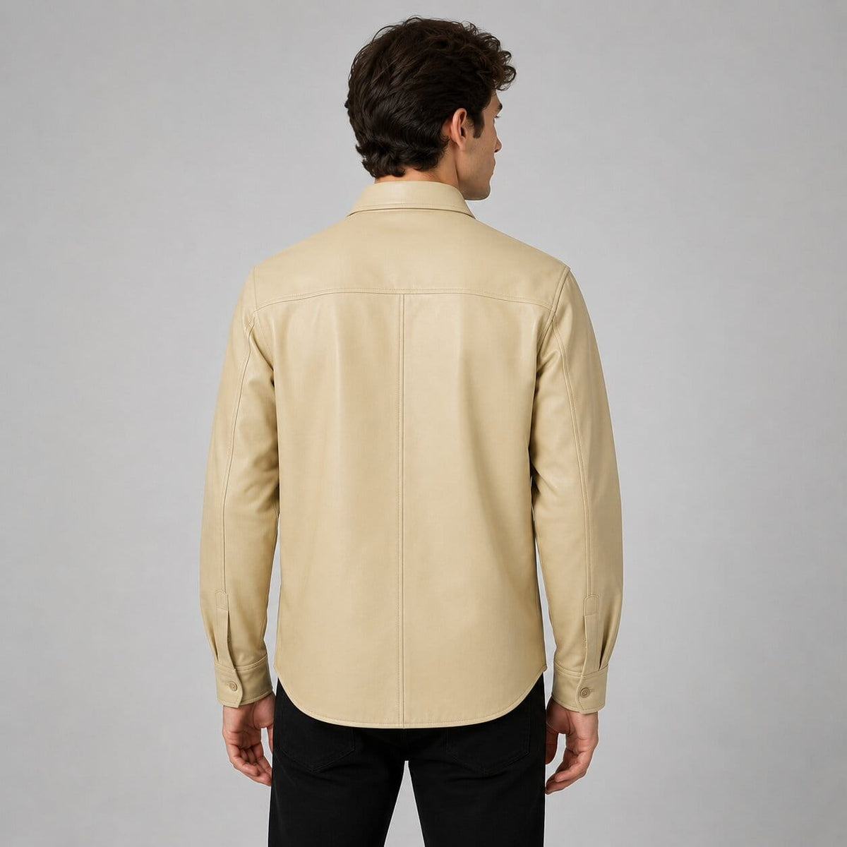 Men's Off White Full Sleeves Leather Shirt - Classic Fit back view by avanzar leather