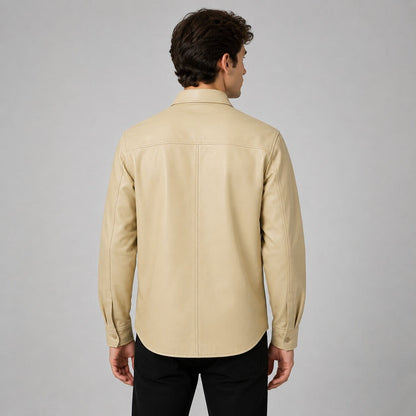 Men's Off White Full Sleeves Leather Shirt - Classic Fit back view by avanzar leather