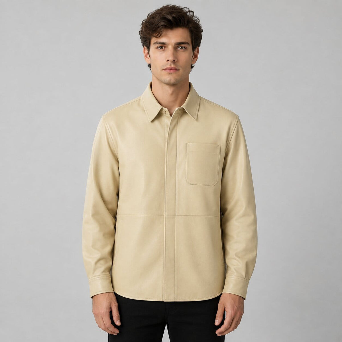 Men's Off White Full Sleeves Leather Shirt - Classic Fit front view by avanzar leather