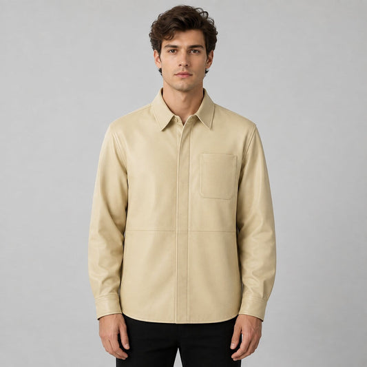 Men's Off White Full Sleeves Leather Shirt - Classic Fit front view by avanzar leather