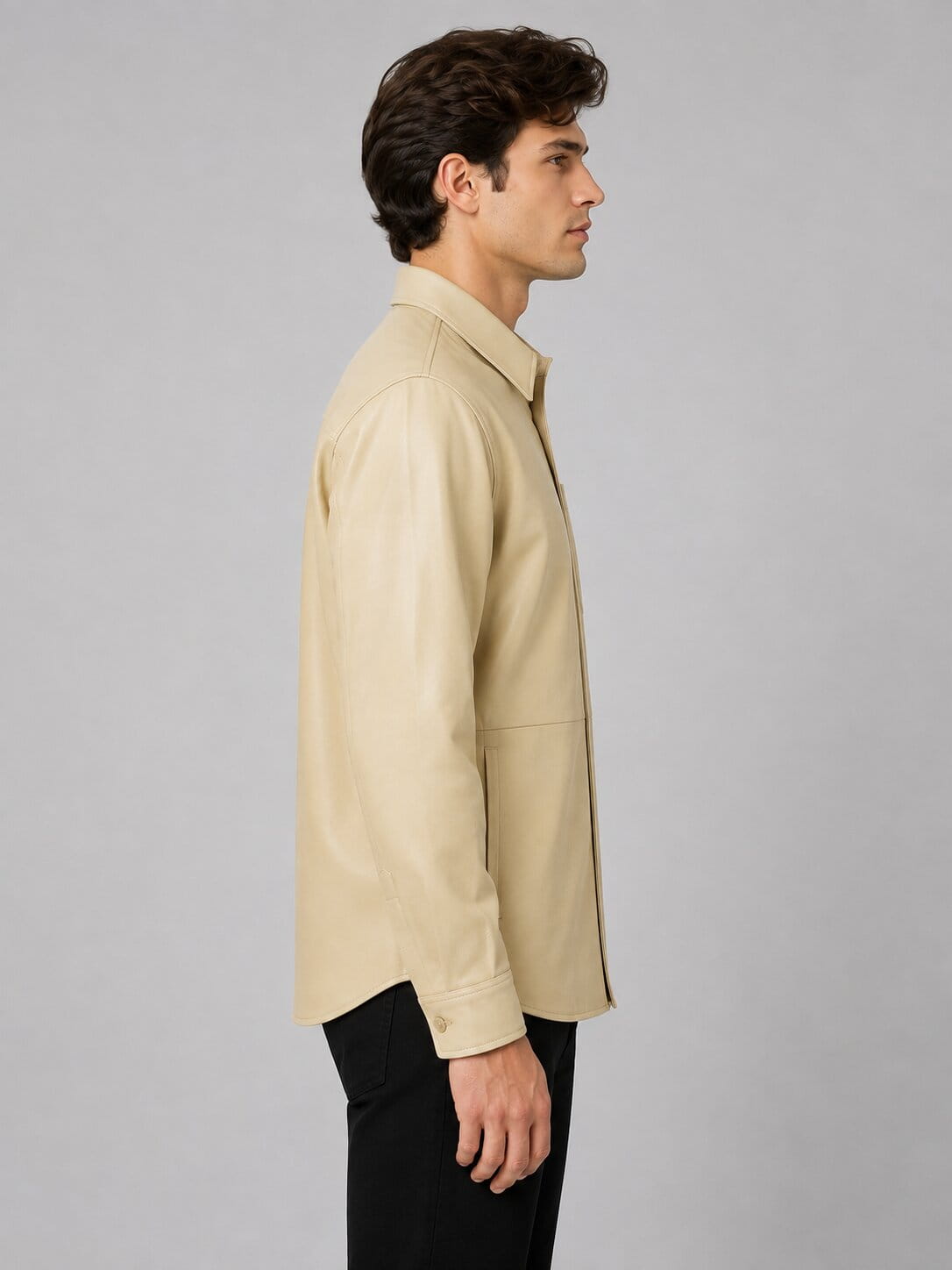 Men's Off White Full Sleeves Leather Shirt - Classic Fit sid view by avanzar leather