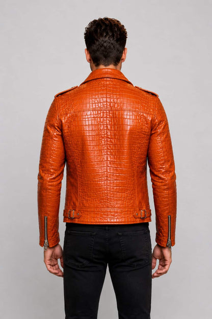 Back view orange crocodile leather biker jacket men avanzar leather