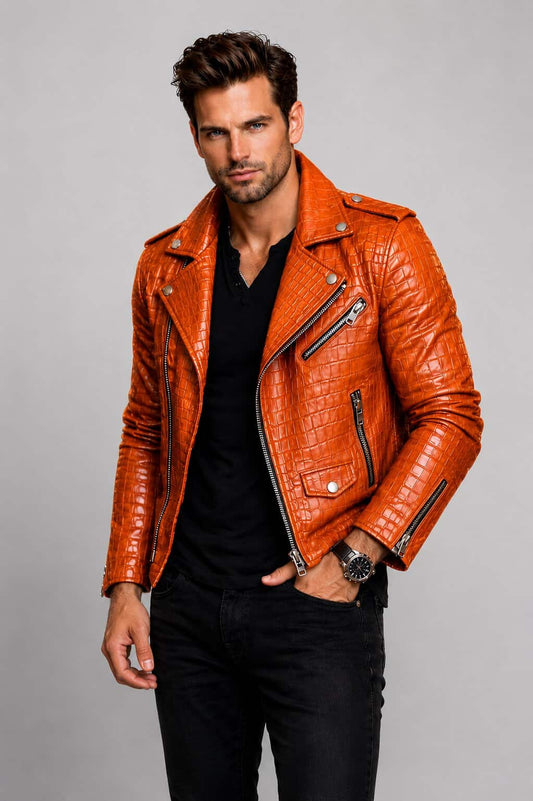 Front view men’s orange crocodile embossed leather biker jacket avanzar leather