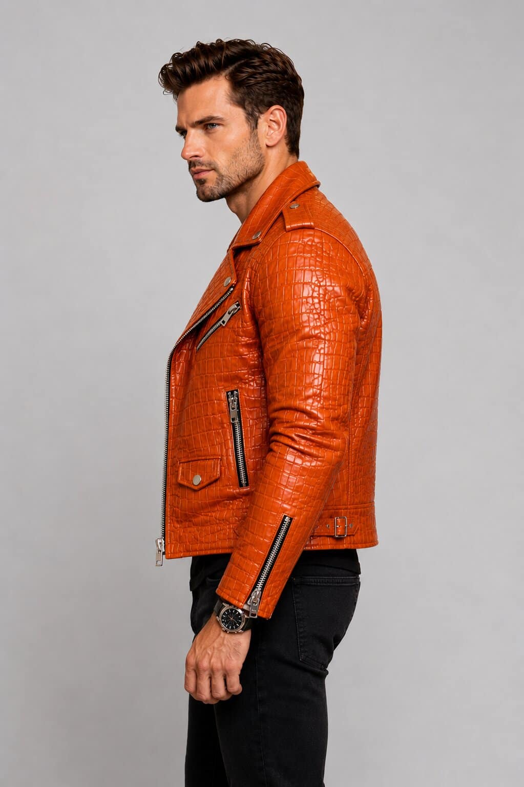 Side profile orange crocodile leather biker jacket avanzar leather