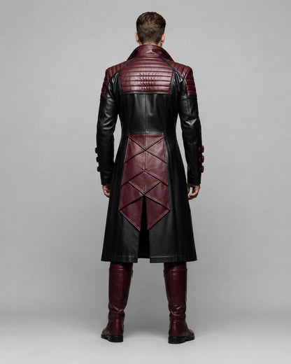 Men's Red And Black Genuine Leather Fantasy Coat With Warrior Design