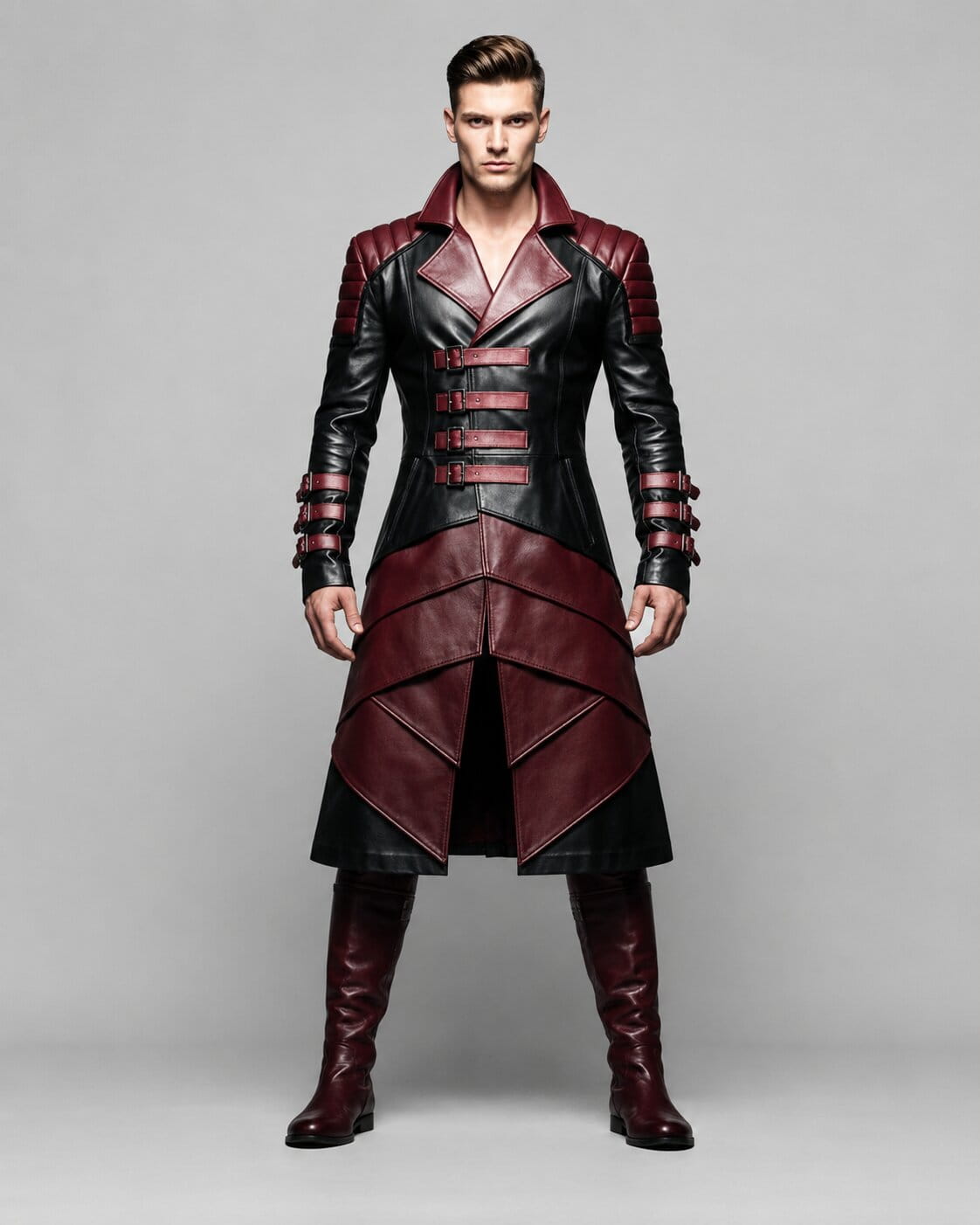 Men's Red And Black Genuine Leather Fantasy Coat With Warrior Design