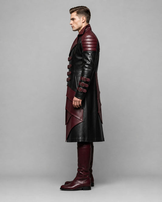 Men's Red And Black Genuine Leather Fantasy Coat With Warrior Design
