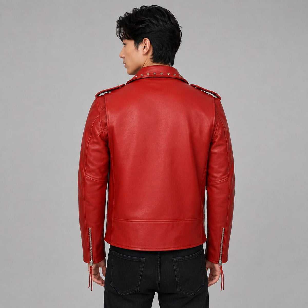 Men's Red Cowhide Leather Biker Jacket - Durable Riding Outerwear back view by avanzar leather