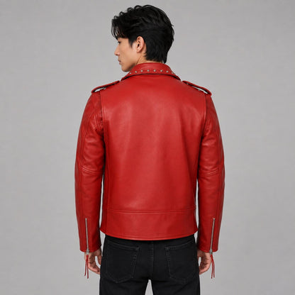 Men's Red Cowhide Leather Biker Jacket - Durable Riding Outerwear back view by avanzar leather