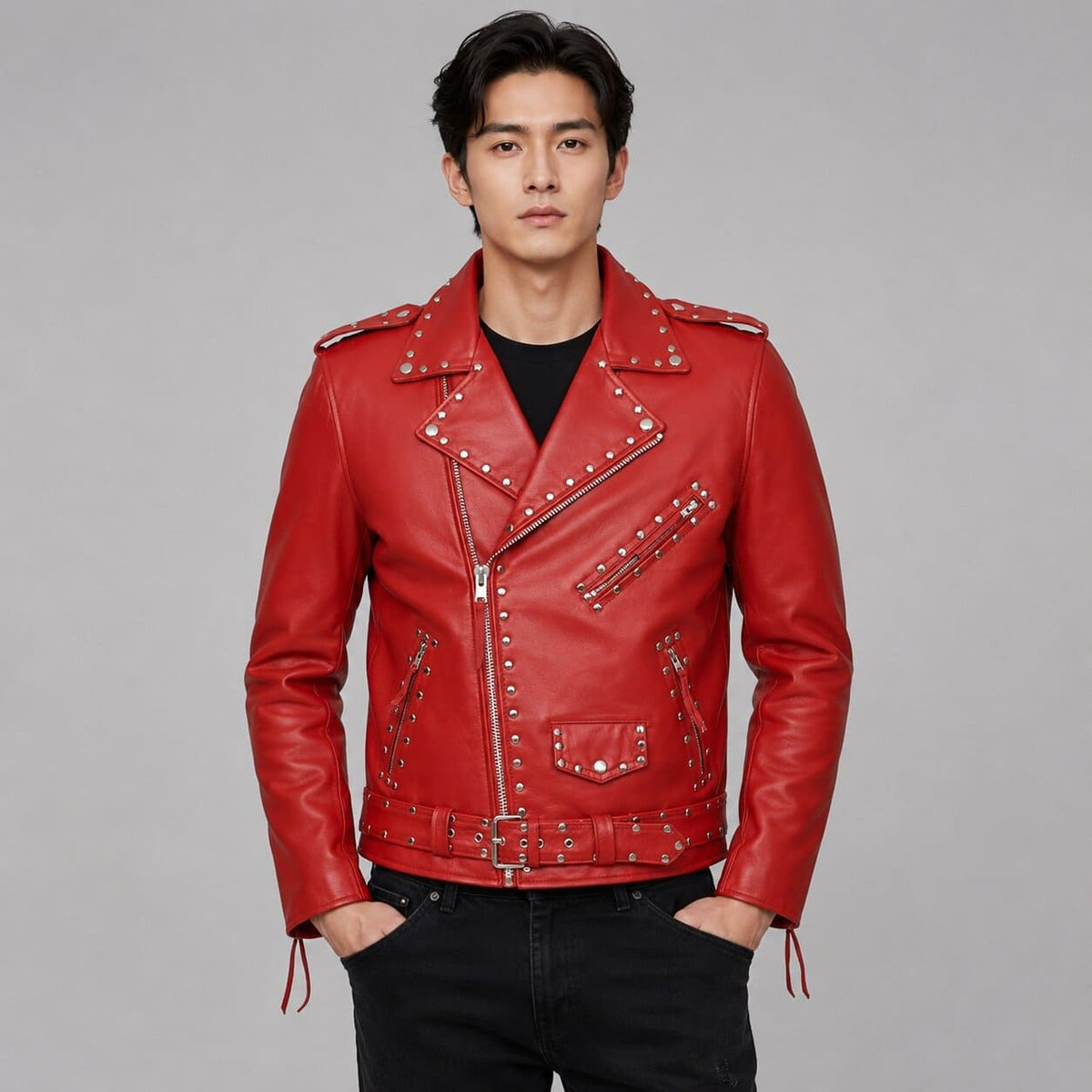 Men's Red Cowhide Leather Biker Jacket - Durable Riding Outerwear front view by avanzar leather