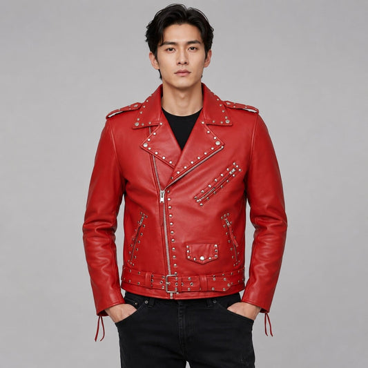 Men's Red Cowhide Leather Biker Jacket - Durable Riding Outerwear front view by avanzar leather