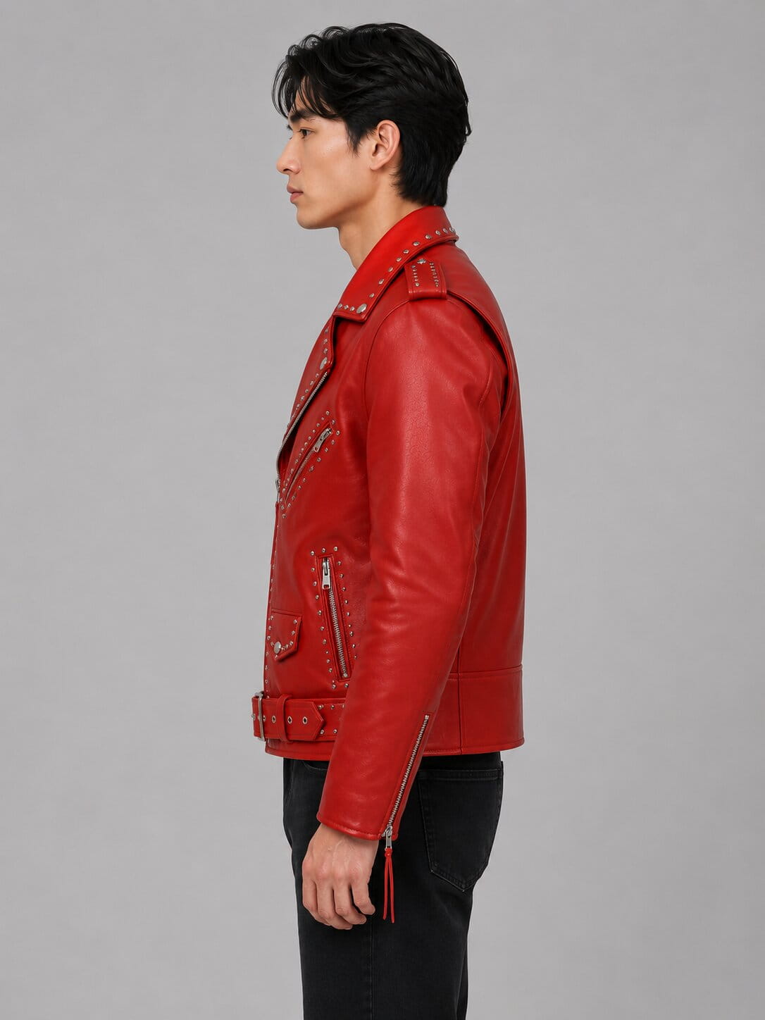 Men's Red Cowhide Leather Biker Jacket - Durable Riding Outerwear sid view by avanzar leather