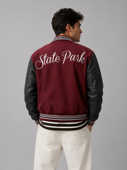 Men's Red Varsity Bomber Leather Jacket - Classic Design back view by avanzar leather