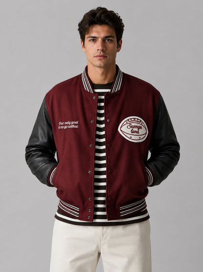 Men's Red Varsity Bomber Leather Jacket - Classic Design front view by avanzar leather