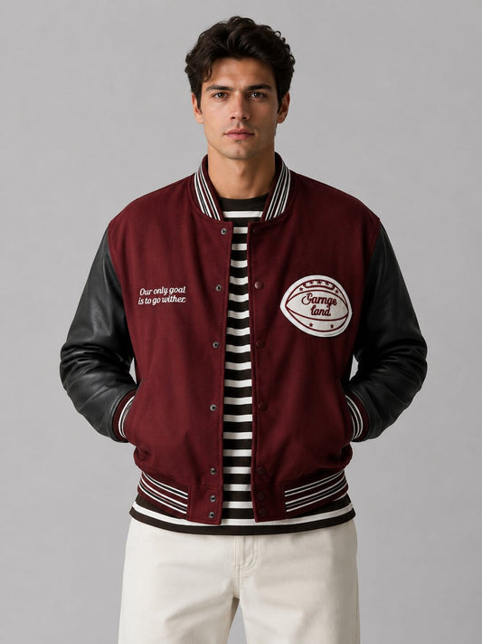 Men's Red Varsity Bomber Leather Jacket - Classic Design front view by avanzar leather