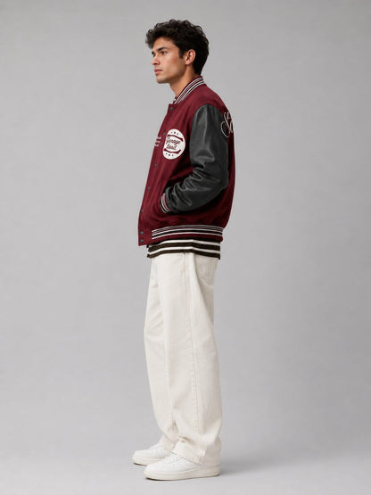 Men's Red Varsity Bomber Leather Jacket - Classic Design sid view by avanzar leather