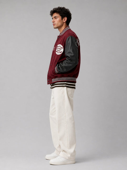 Men's Red Varsity Bomber Leather Jacket - Classic Design sid view by avanzar leather