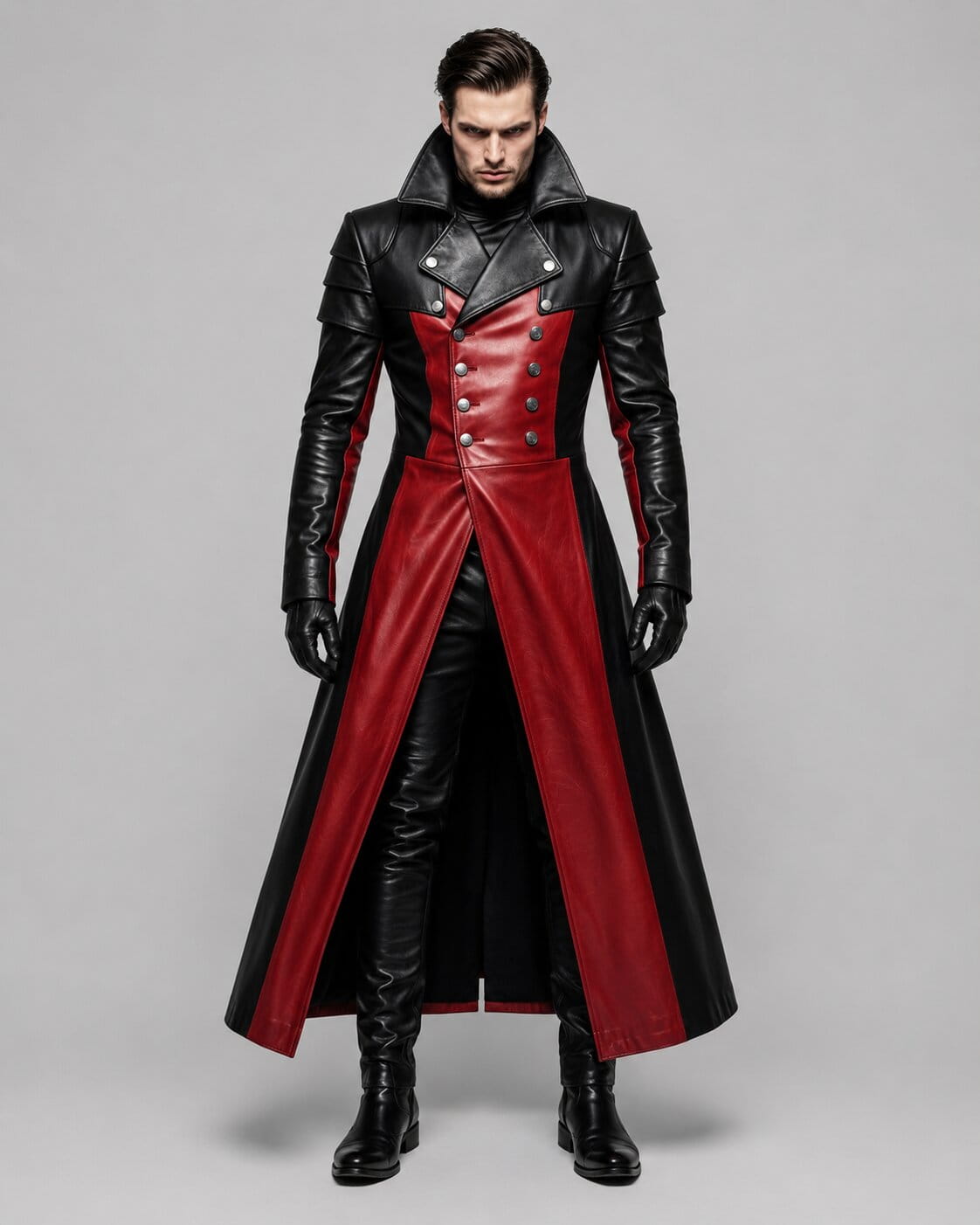 Men's Red and Black Genuine Leather Long Coat with Gothic Cosplay Design by avanzar leather