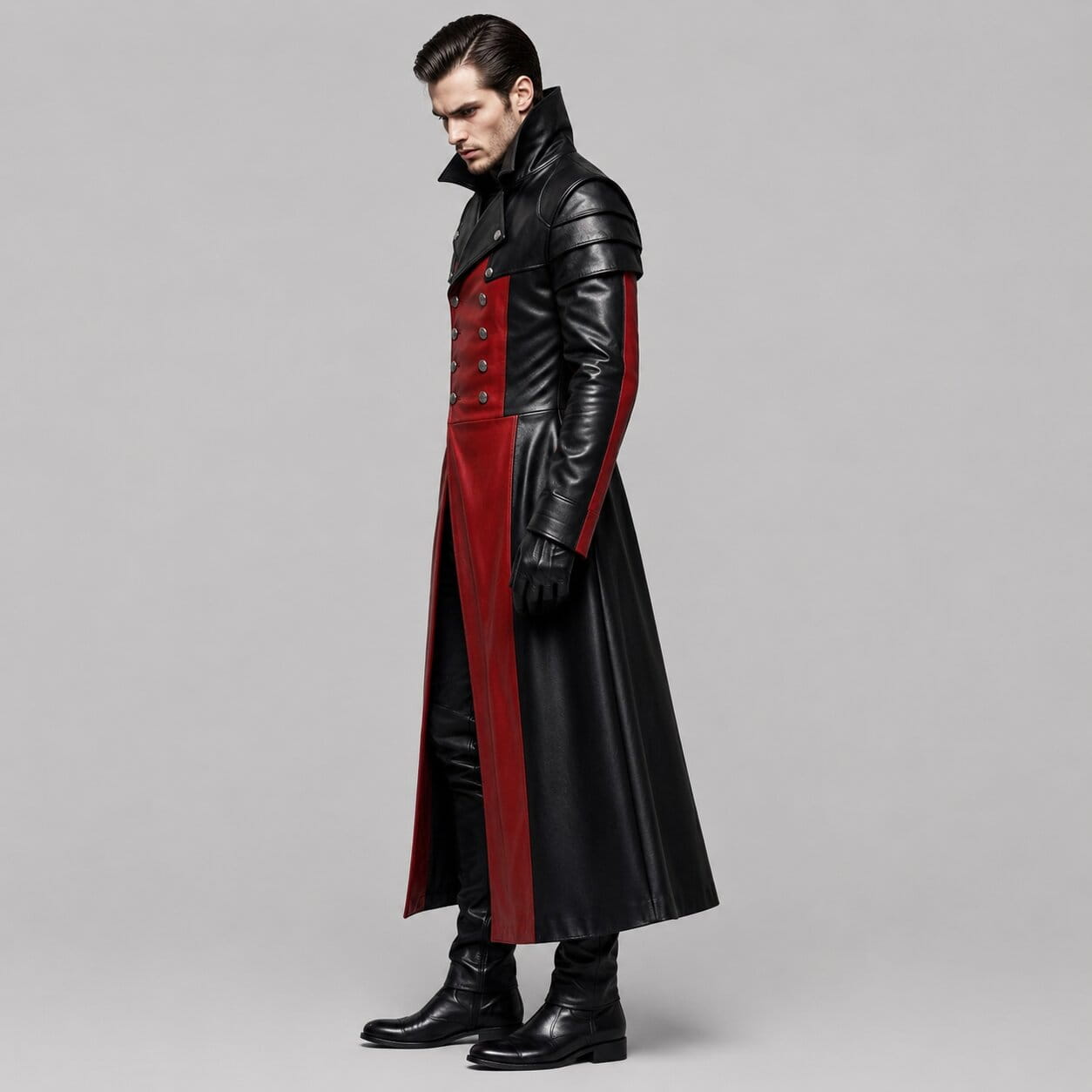 Men's Red and Black Genuine Leather Long Coat with Gothic Cosplay Design by avanzar leather